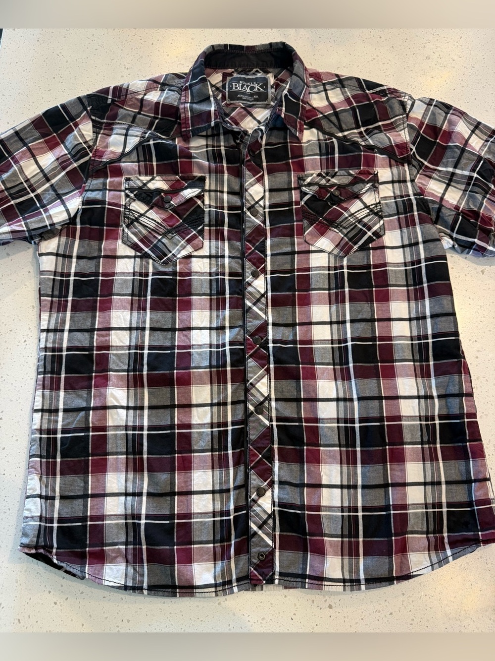 XXL Buckle Black Snap Up Stretch Western Shirt Men’s Athletic Fit Short Sleeve P